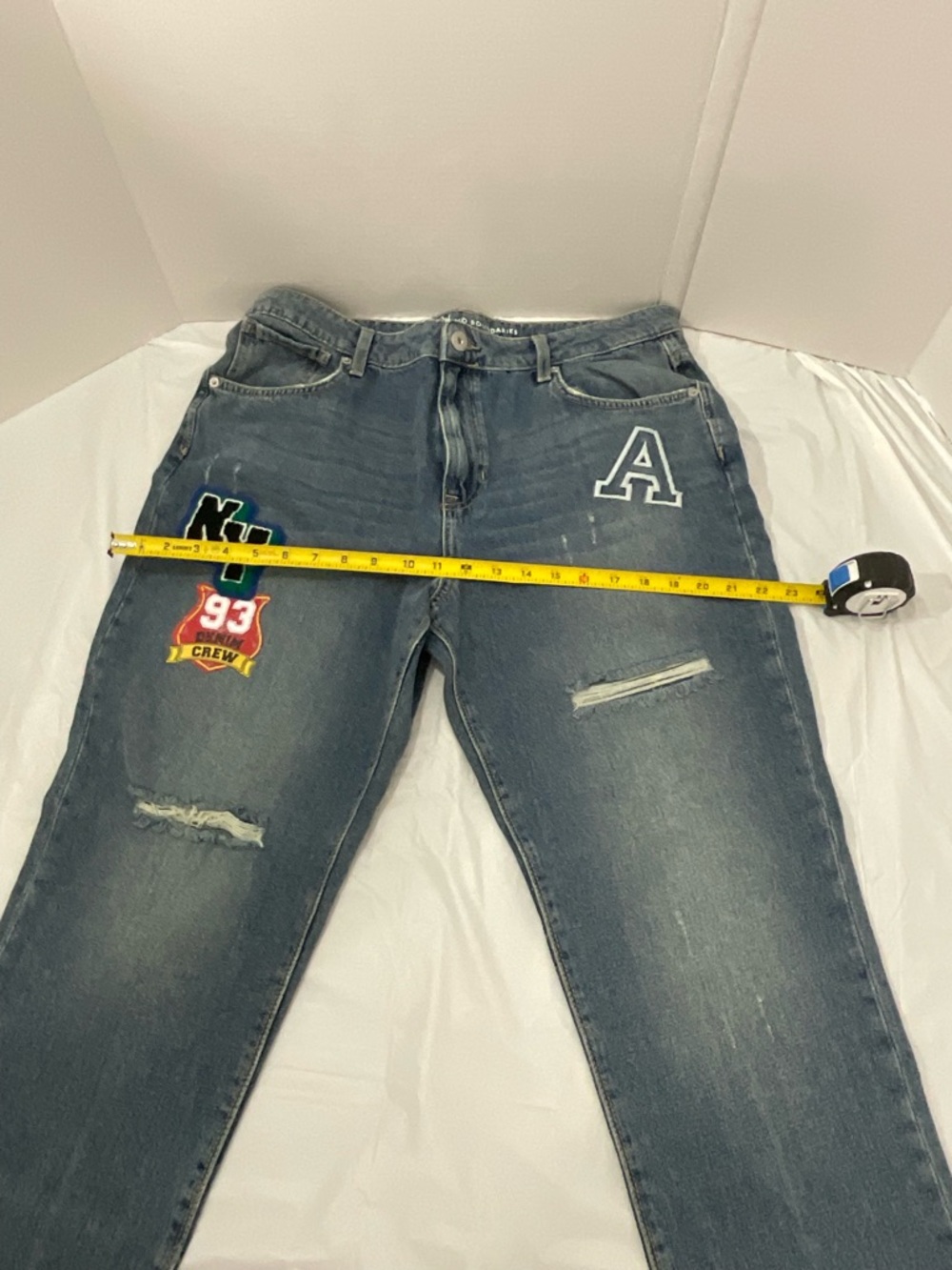 NOBO Women's Straight Leg Jeans in Faded Blue with Patch Details